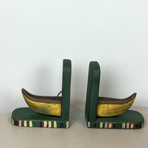 Wooden canoe bookends - wooden, green