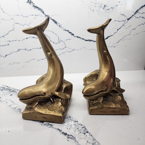 Vtg brass whale bookends - brass,